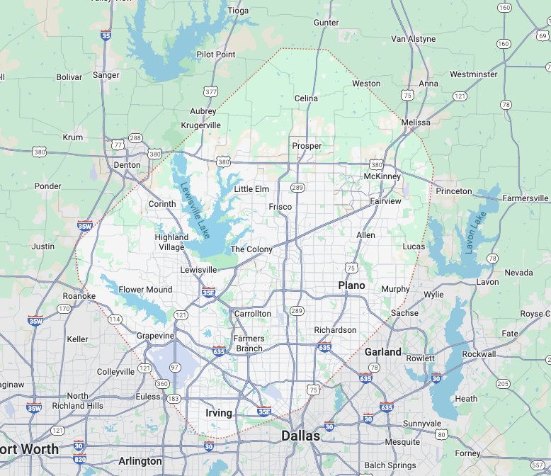 All Green Landscapes Service Area Map - DFW Metroplex